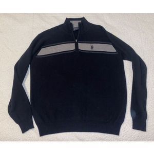 US Polo Assn Shirt Mens Black 1/4 Zip Pullover Sz L Black Gray Stripe
